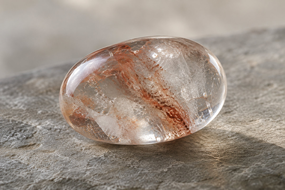 A transparent polished stone with subtle rust and white internal layers