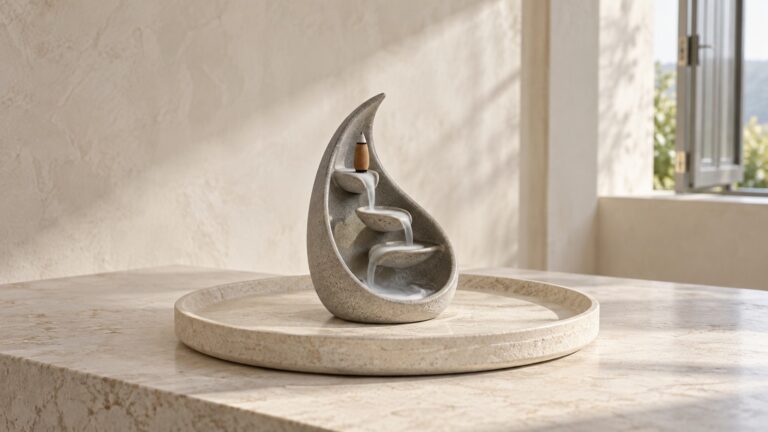 A restrained ceramic smoke waterfall resting on a broad stone tray in an airy neutral interior.