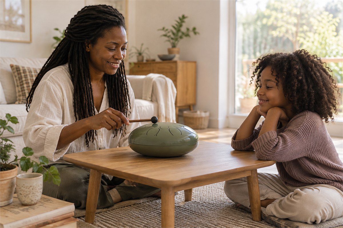 A parent lightly taps a sage tongue drum while a child listens from across a low table.