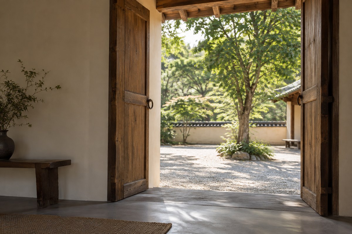 Open wooden doorway overlooking a gravel courtyard and a leafy tree.