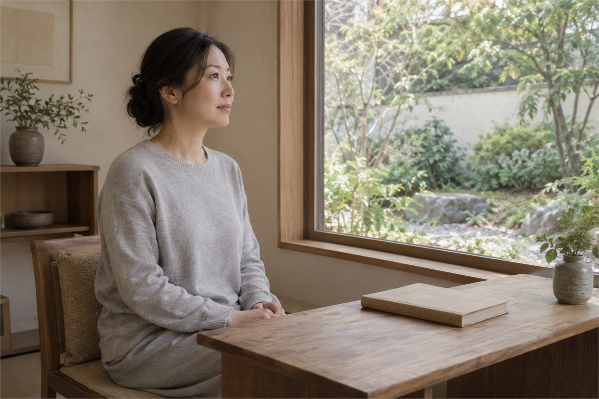 An adult sits thoughtfully beside a closed plain book on a low wooden desk.
