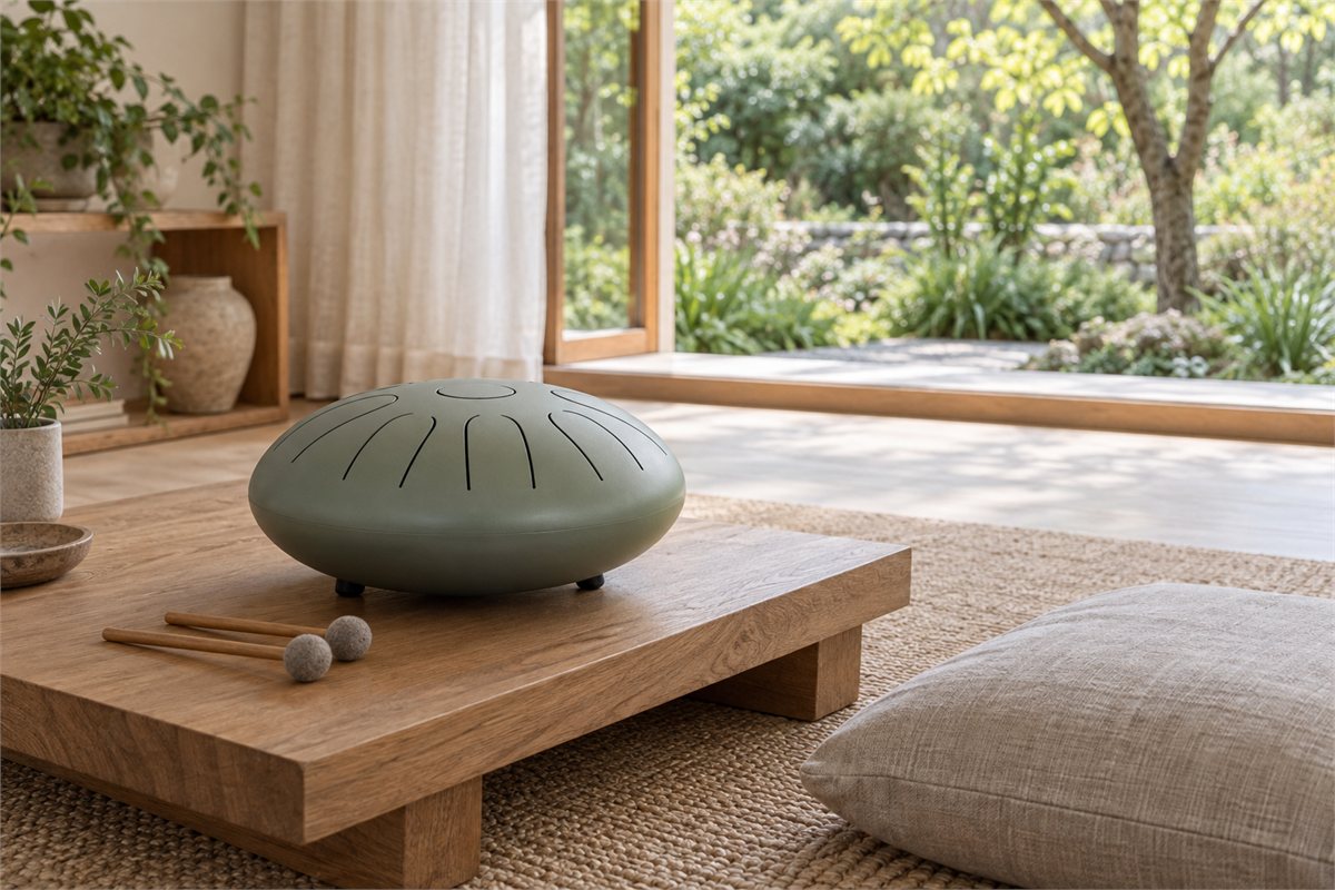 A steel tongue drum sits beside a floor cushion in a bright private room.