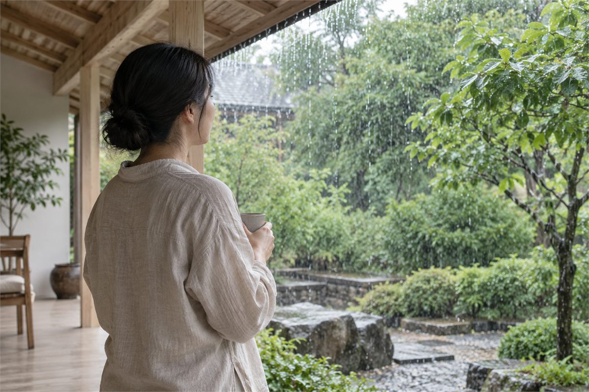 An adult stands under a covered veranda and looks toward falling rain and leaves.