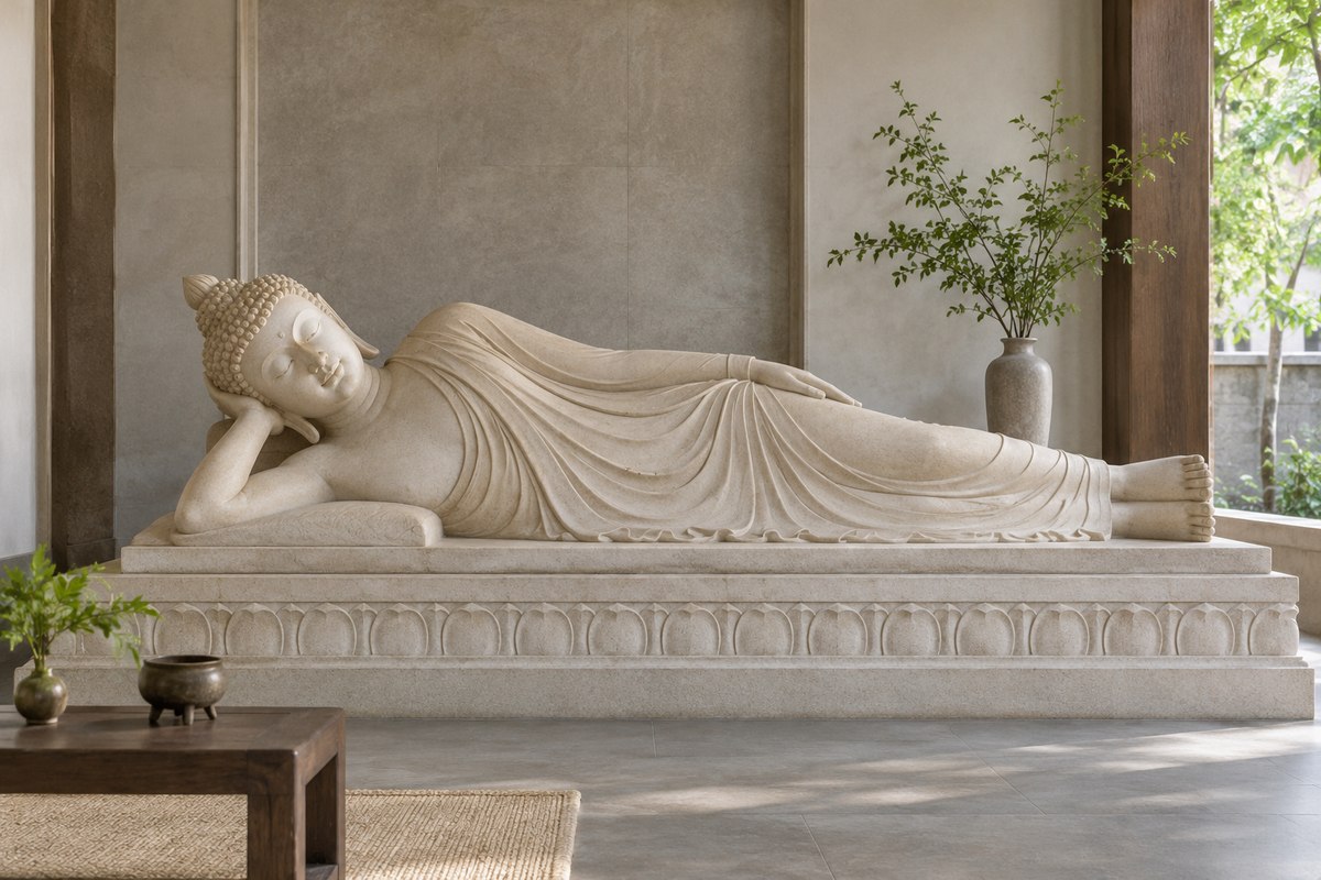 A pale stone reclining Buddha sculpture resting on its right side in a simple shrine.
