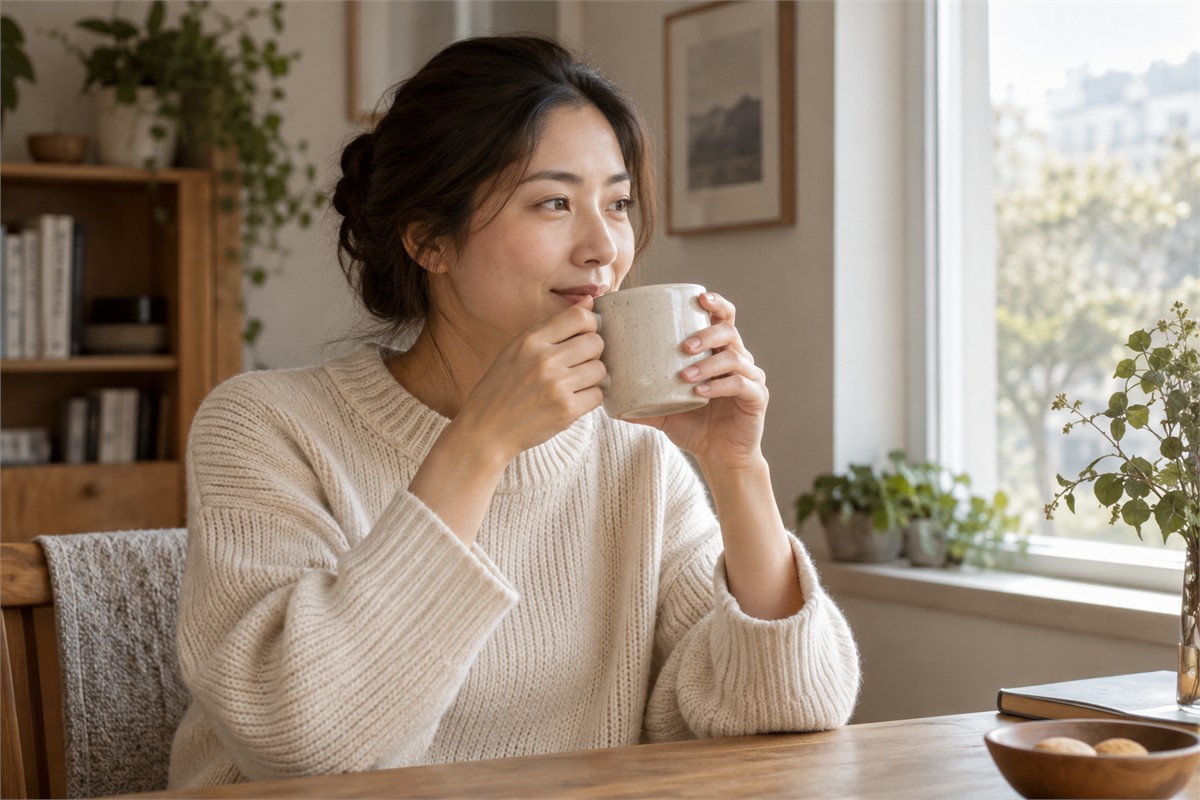 An adult quietly enjoys a warm drink beside a bright window.