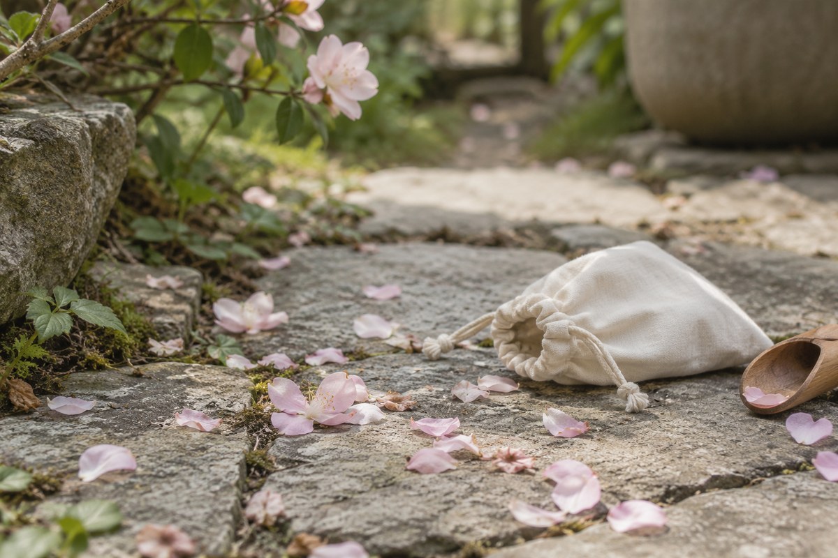 Soft pink petals lie beside a small cloth pouch on a garden path.