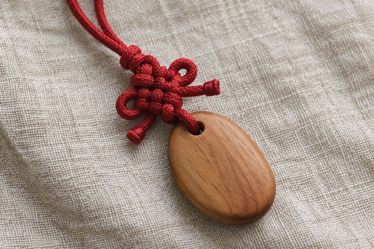 Compact red cord knot attached to an oval wooden pendant on oatmeal linen.