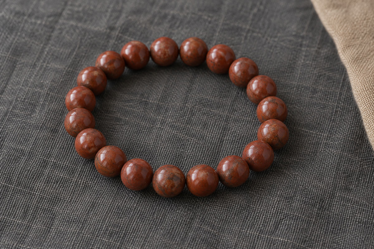 A brick-red bead bracelet on charcoal linen with a camel fabric edge