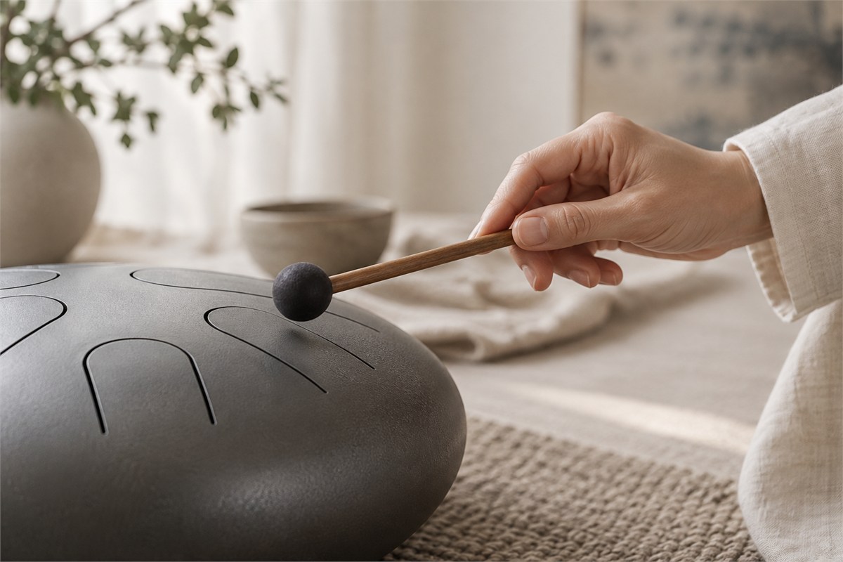 Close view of an adult hand loosely holding a wooden mallet with a soft rubber head.