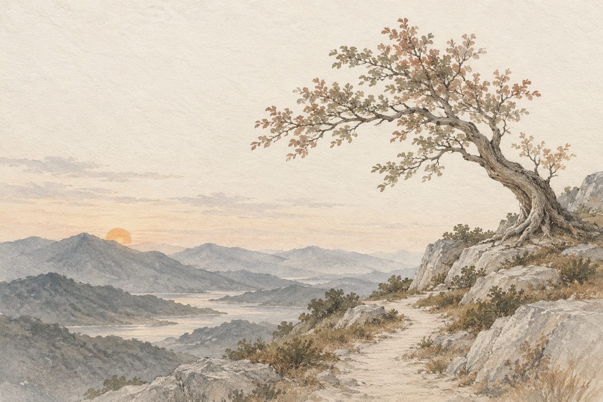 Watercolor tree on a rocky ridge above a path and a setting sun behind distant mountains.