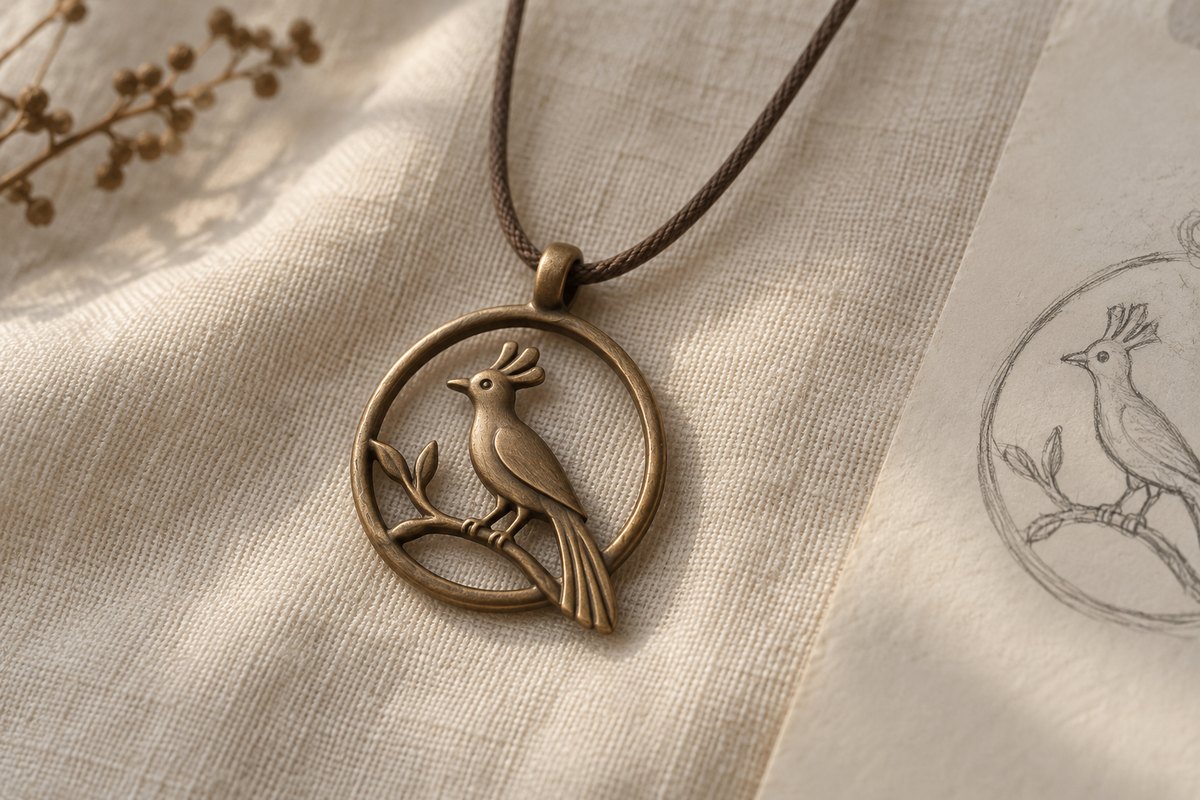 A bronze-colored bird pendant on a taupe cord lies on ivory linen beside a pencil sketch.