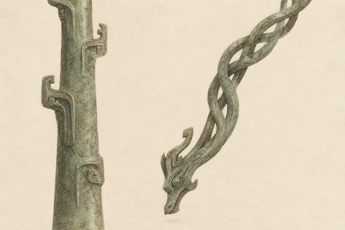 A drawn rope-like bronze dragon points downward beside a vertical trunk.