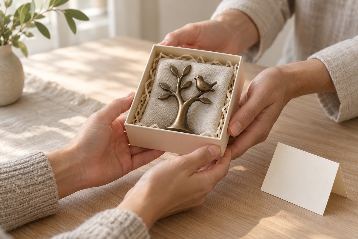 Hands exchange an ivory gift box containing a modern tree-and-bird ornament.
