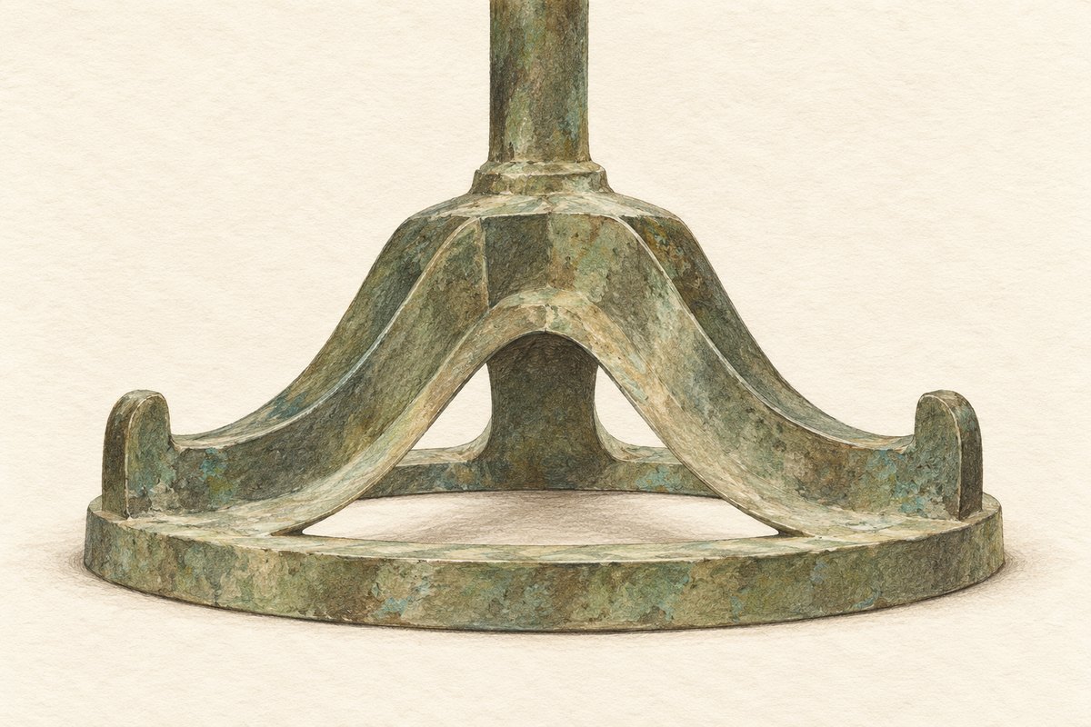 Illustrated bronze ring base with curved open arches supporting an upright trunk.