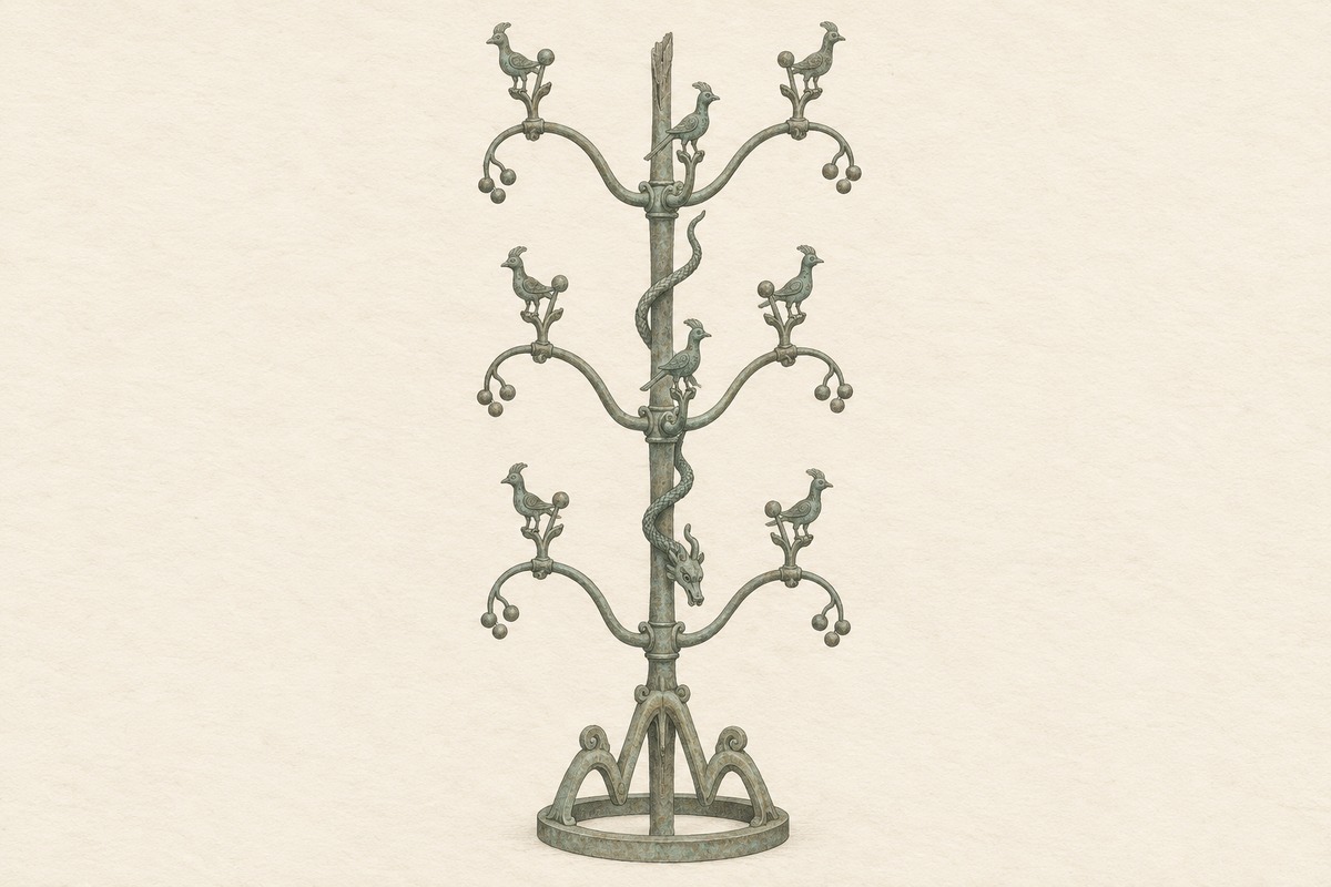 A simplified bronze-tree illustration with three tiers, nine birds, an incomplete top and a descending dragon.
