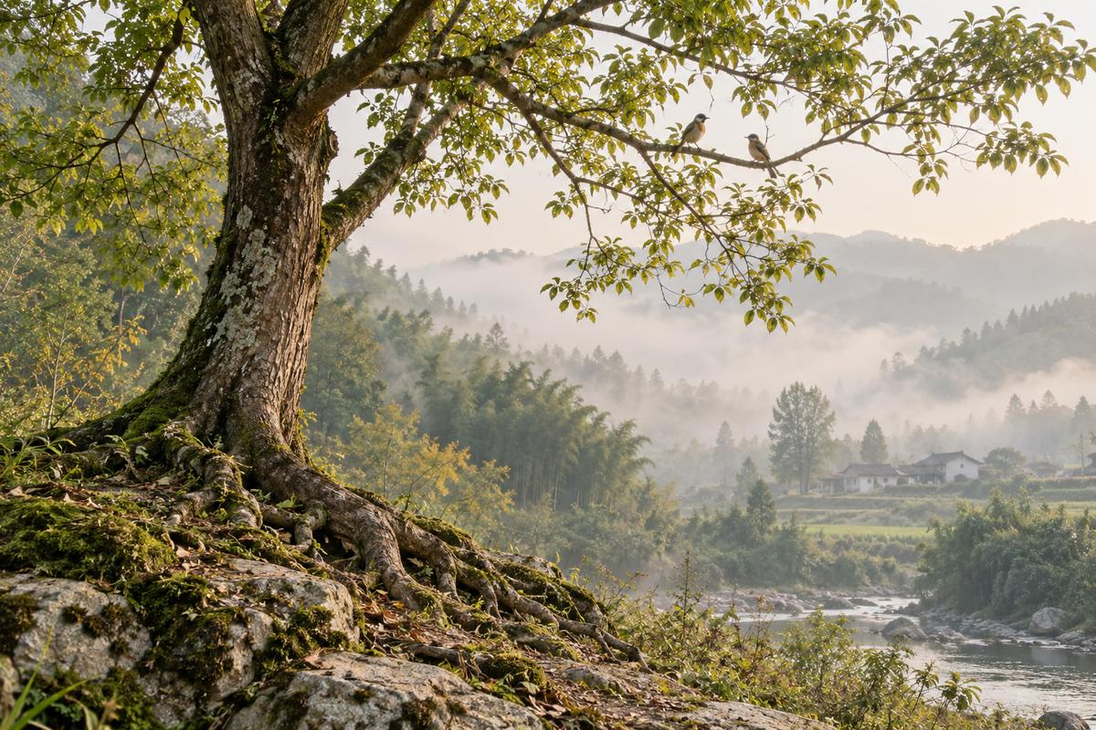 A rooted tree with two birds on its branches above a misty rural valley.