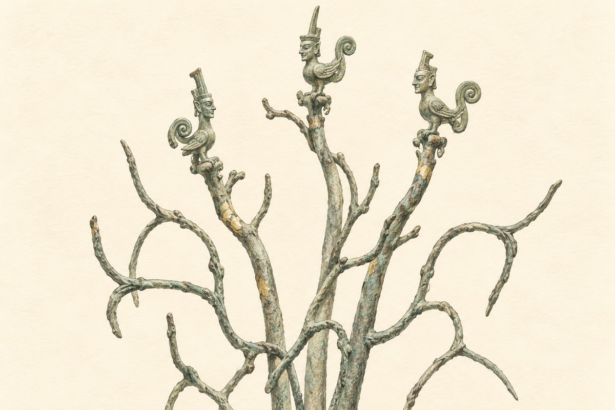 An interpretive drawing shows three slender stems topped by three human-headed bird forms.