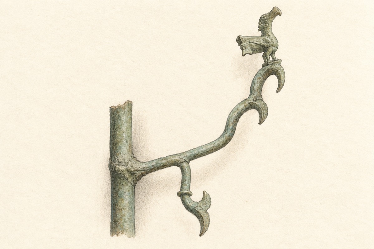 An illustrated bronze branch curves upward to a bird, with a smaller hanging shoot below.