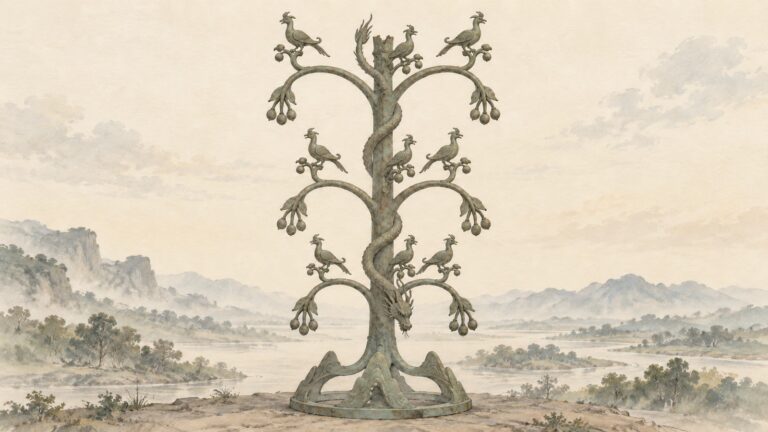 Watercolor interpretation of a bronze tree with three tiers, nine birds and a descending dragon against a pale landscape.