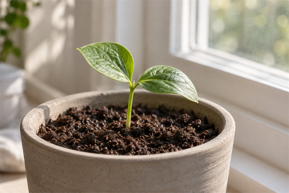 A young bean seedling grows in damp soil beside a softly lit window.