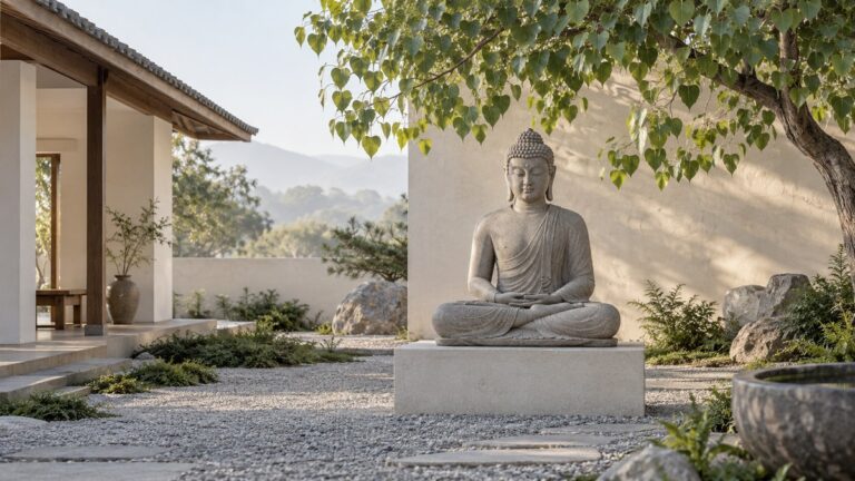 A quiet Buddhist retreat courtyard with a seated stone Buddha and leafy branches.