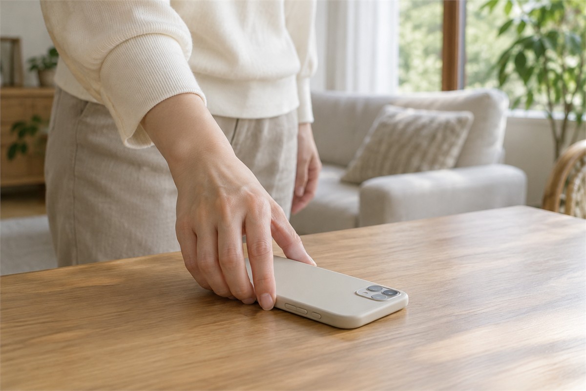 An adult places a smartphone face down on a plain wooden table.