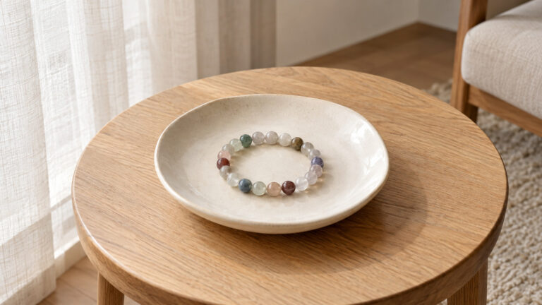 A multicolor bead bracelet on a cream ceramic dish in a softly lit room