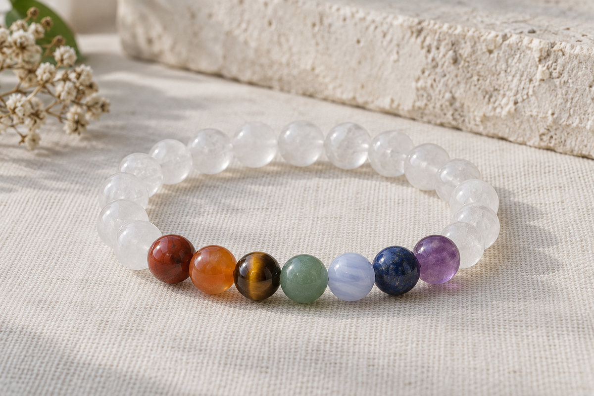 A complete seven-color accent bracelet resting on ivory linen