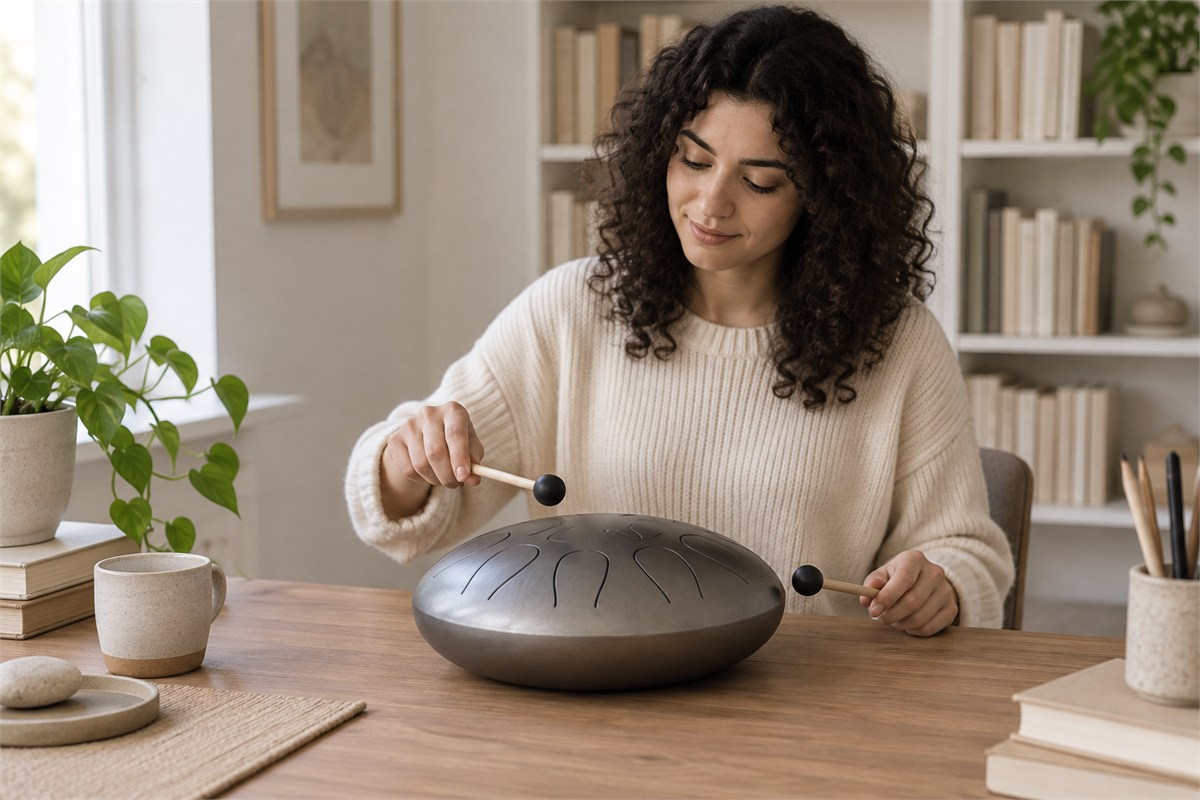 A learner plays a steel tongue drum in a quiet room with both hands relaxed.