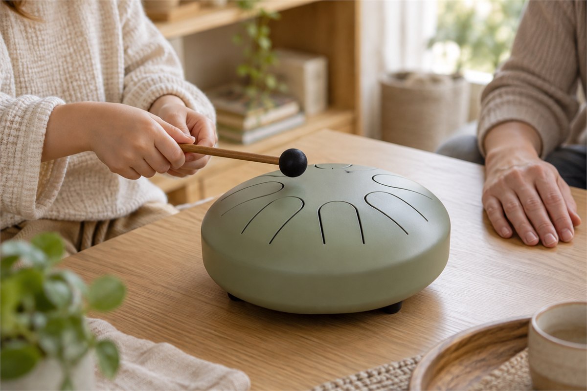 A child holds a rubber-headed mallet above a steel tongue drum with an adult seated beside the table.