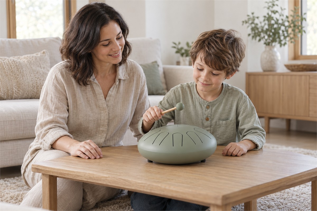 An adult supervises a child playing a large steel tongue drum with a soft mallet.