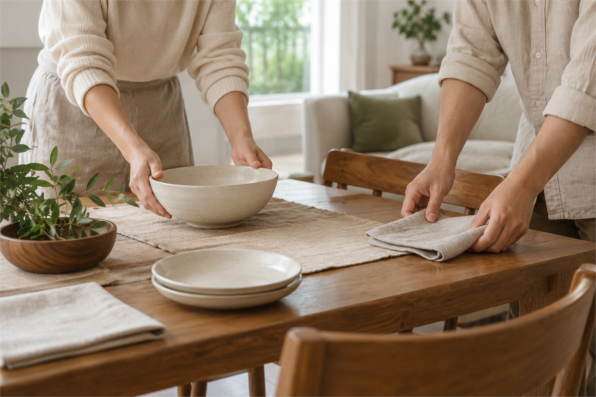Two adults place a ceramic bowl and folded linen on a wooden dining table.