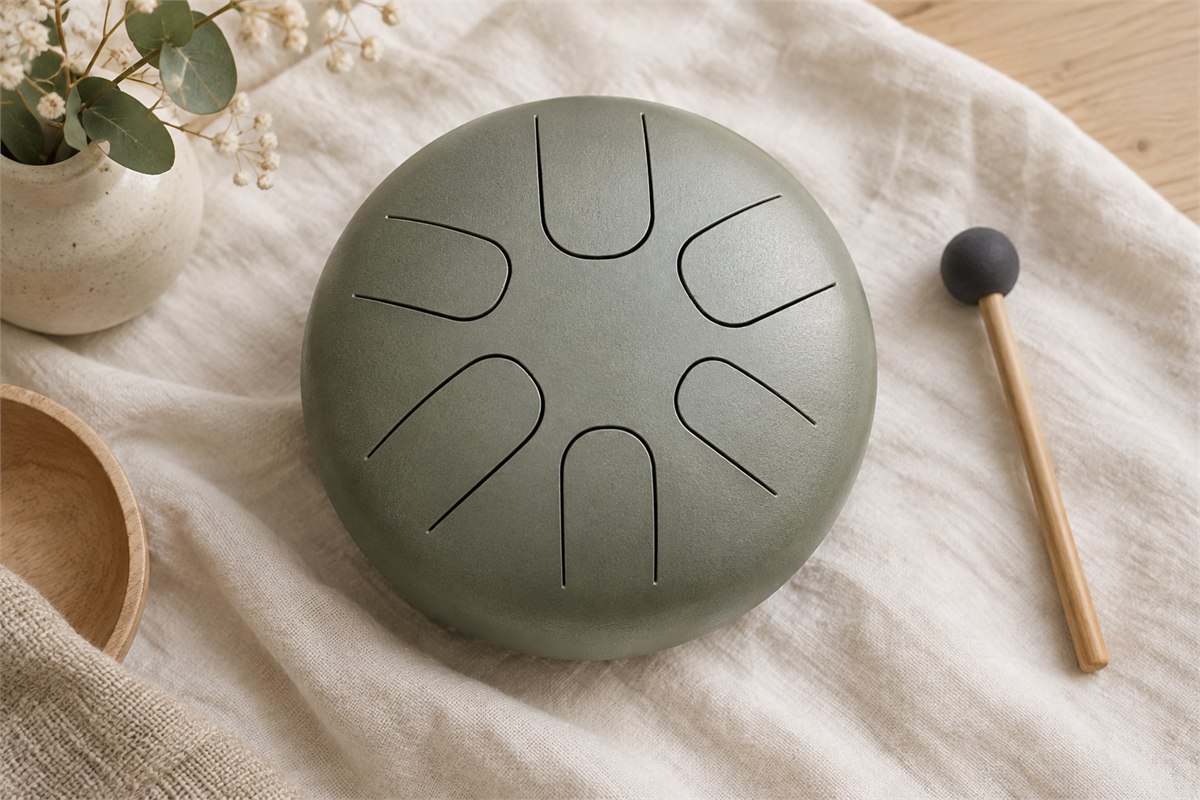 Top view of a small steel drum with six cut metal tongues and a soft mallet.