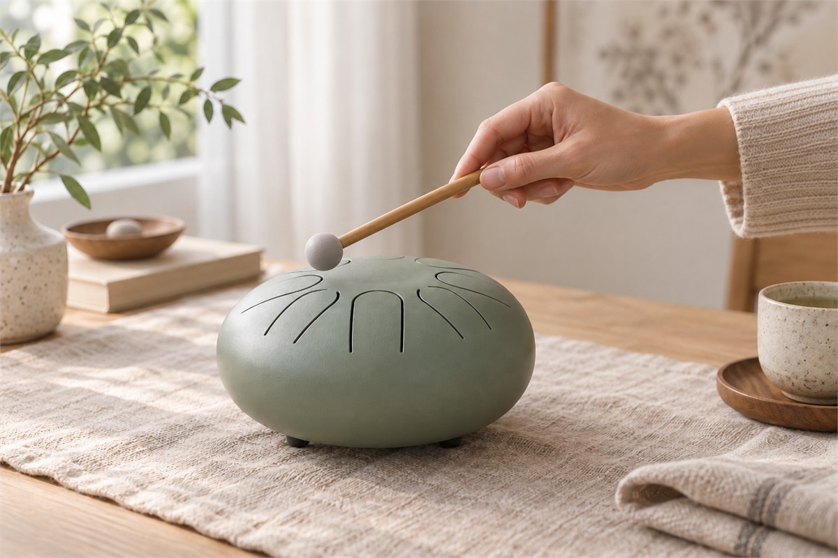 An adult hand holds a small soft mallet above one tongue of a compact drum.