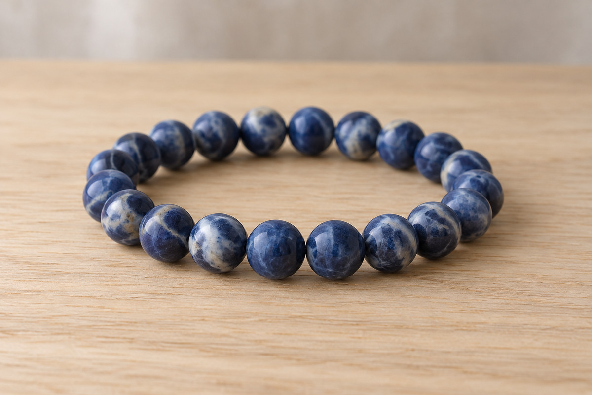 A blue bead bracelet with pale cloudlike veins on light oak
