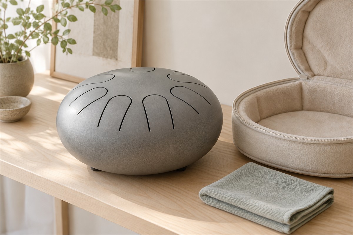 A gray steel tongue drum, dry soft cloth, and open padded case on a shelf.