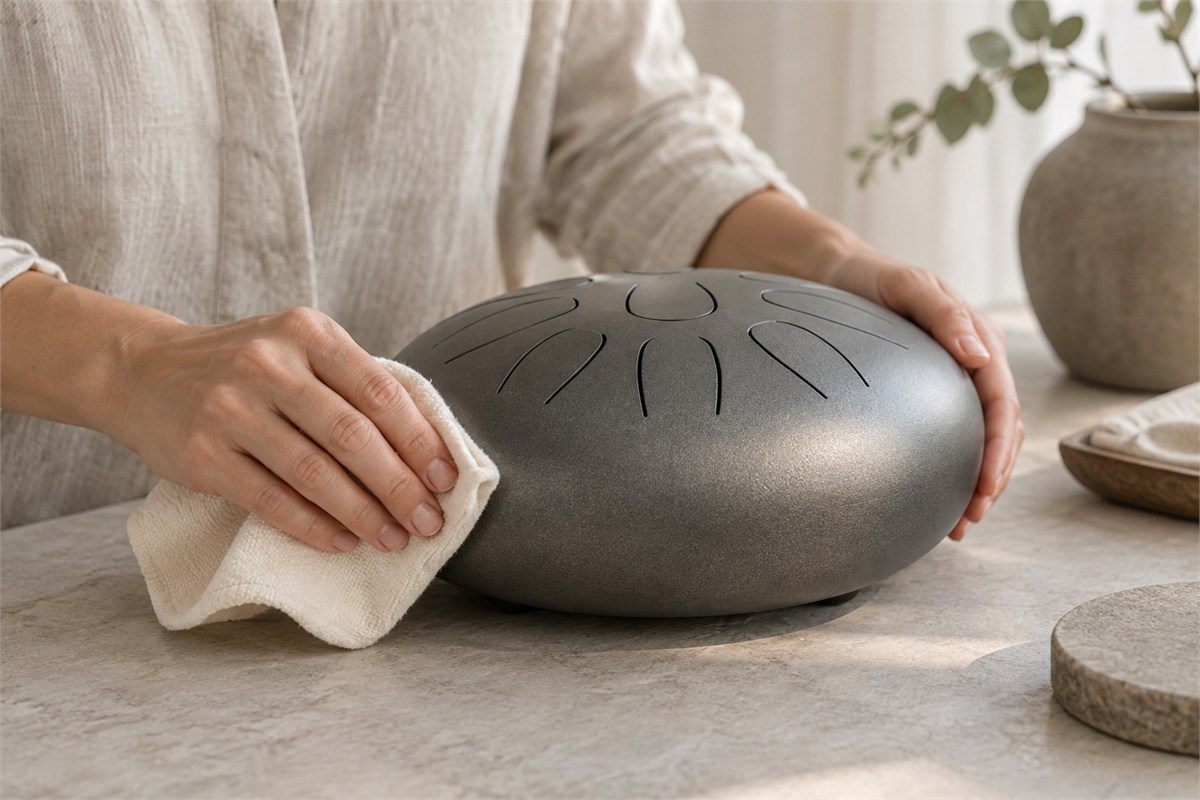 An adult wipes the outer shell of a steel tongue drum with a soft cloth.