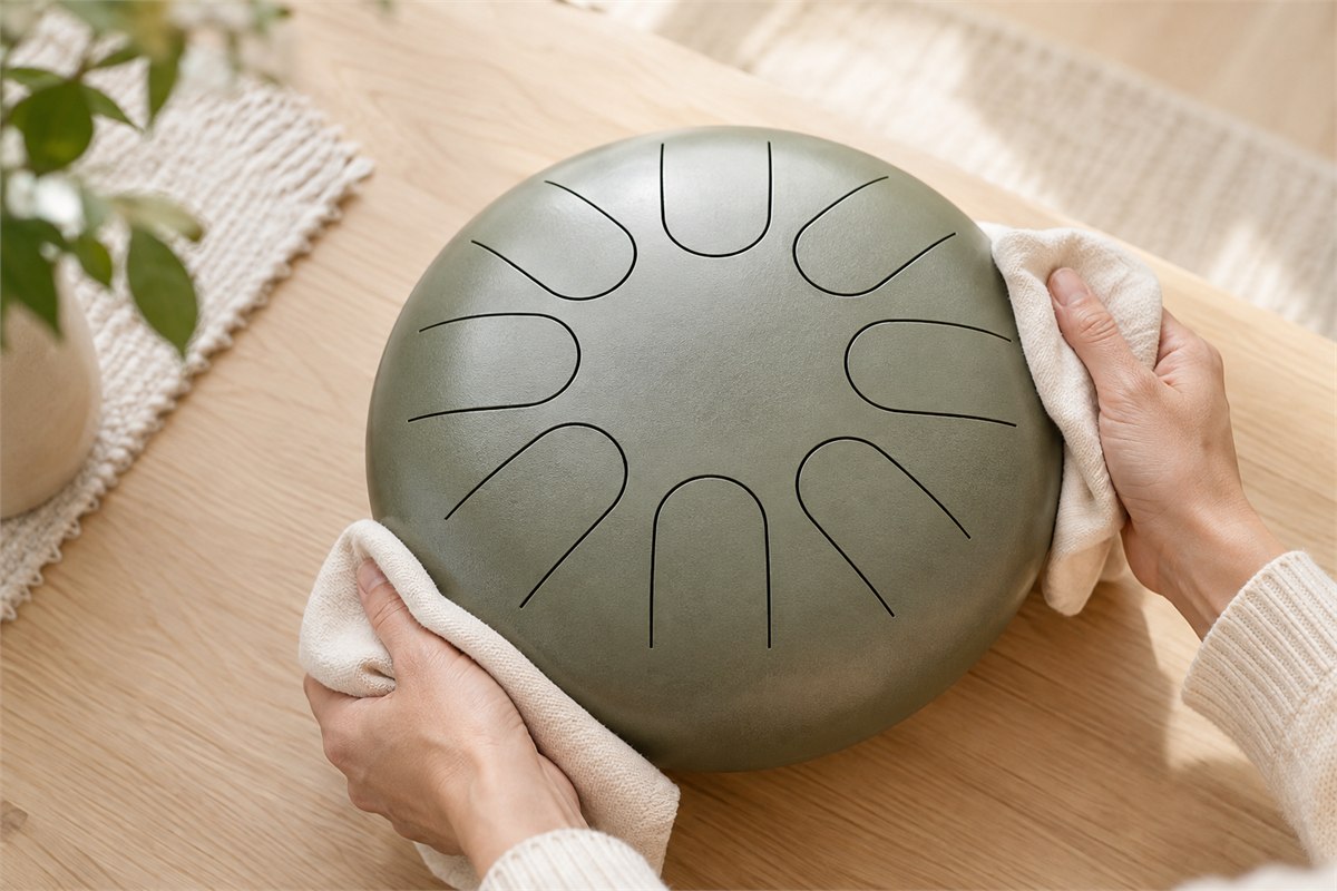 Adult hands use an ivory cloth along the outer edge of a sage steel tongue drum.