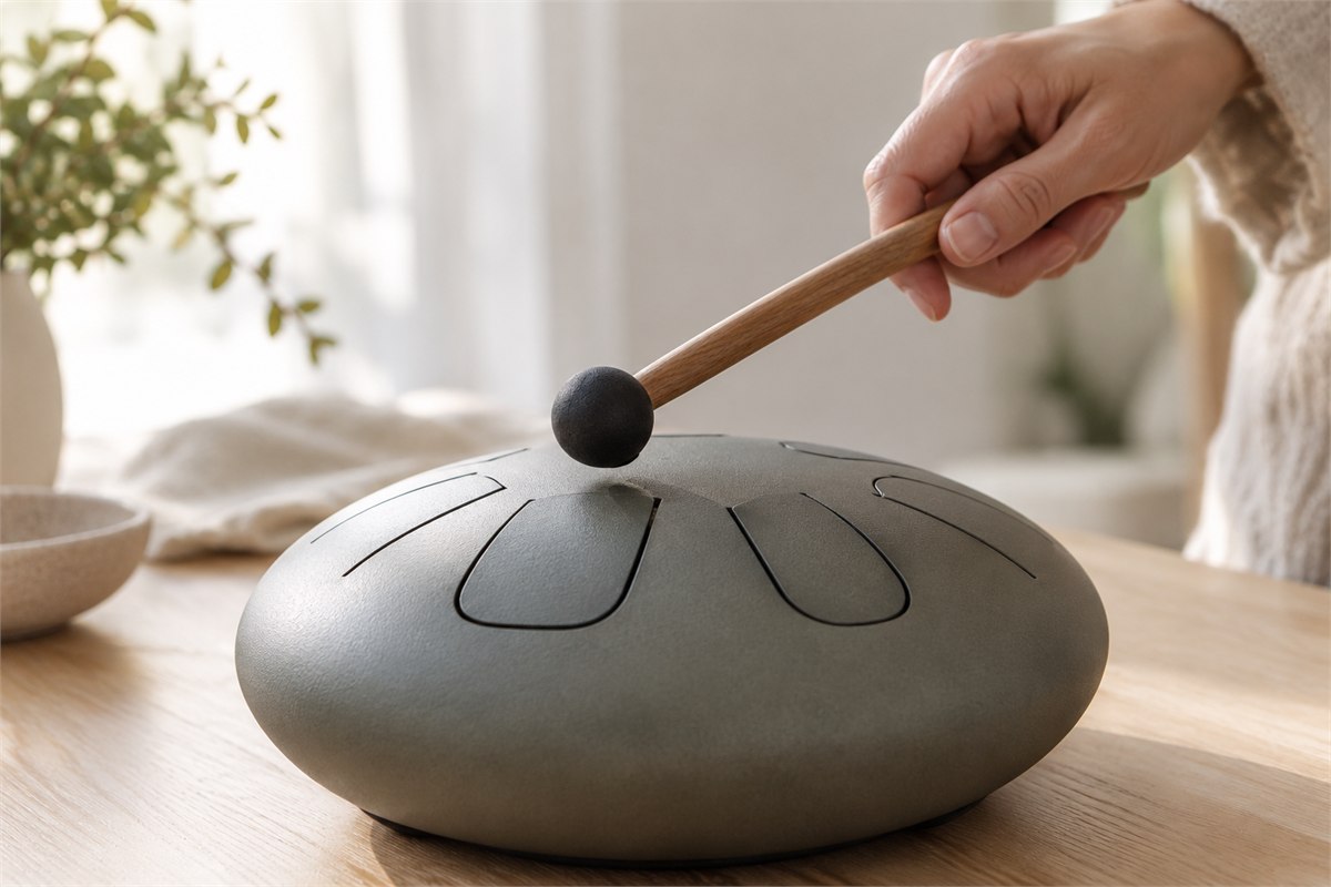 An adult holds a rubber-headed mallet just above a cut tongue on a gray steel tongue drum.