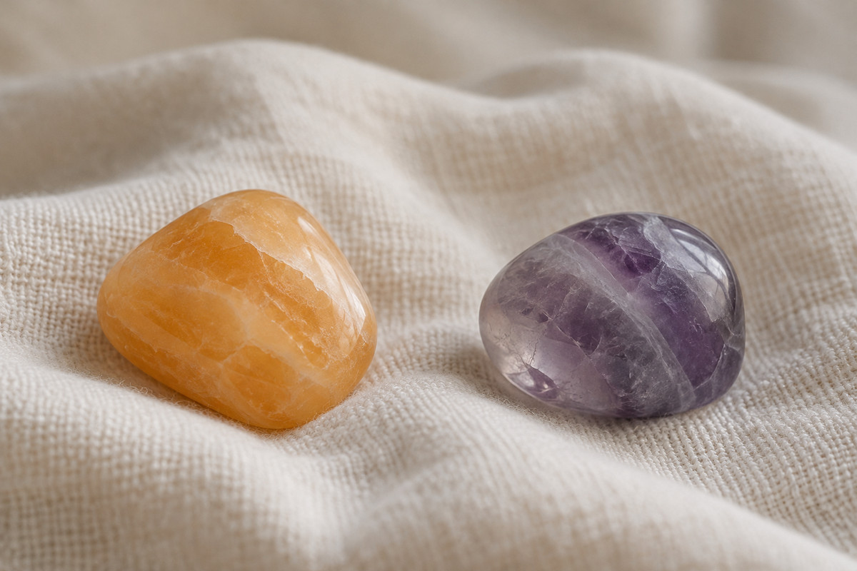 Soft orange and violet polished stones resting separately on cushioned cotton