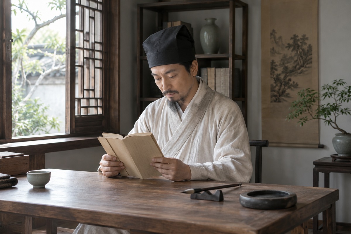 A scholar studies folded paper leaves at a plain wooden table.