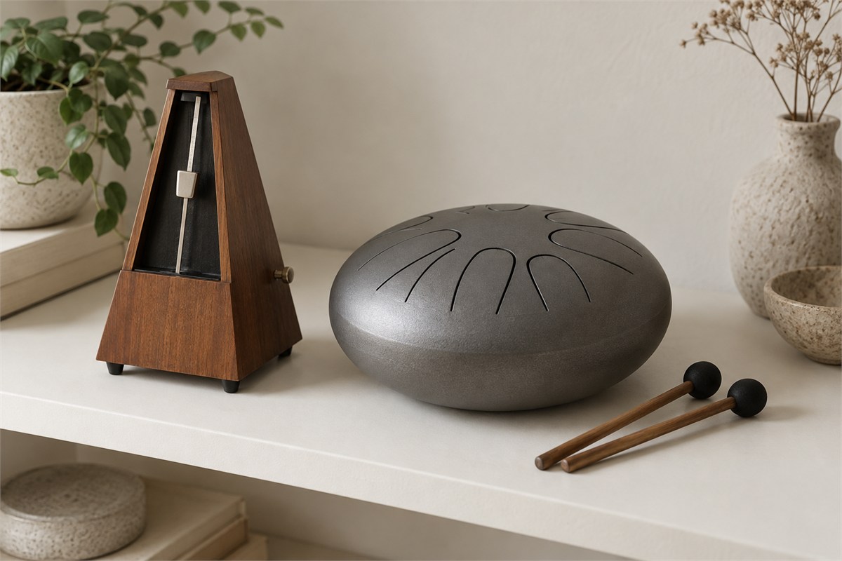 A mechanical metronome stands beside a steel tongue drum and soft mallets.