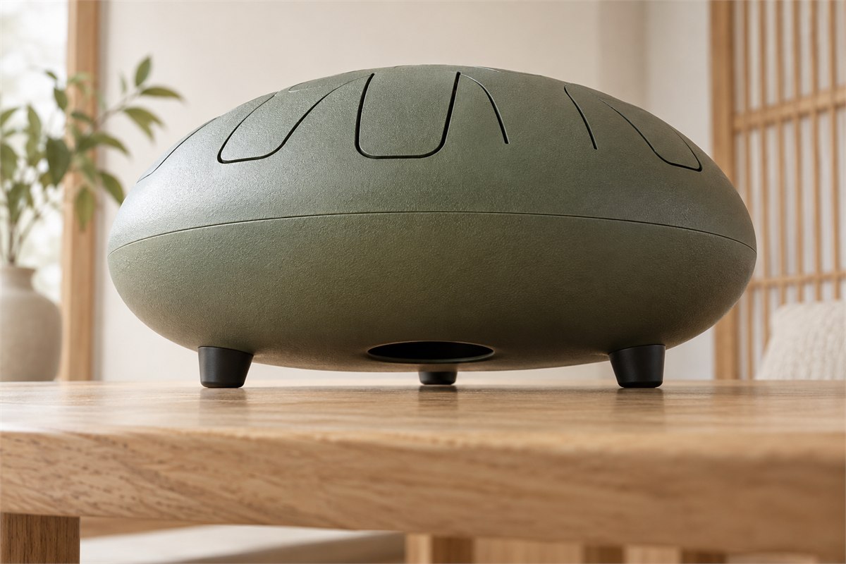A steel tongue drum rests on rubber feet with its underside sound opening clear above a wooden table.