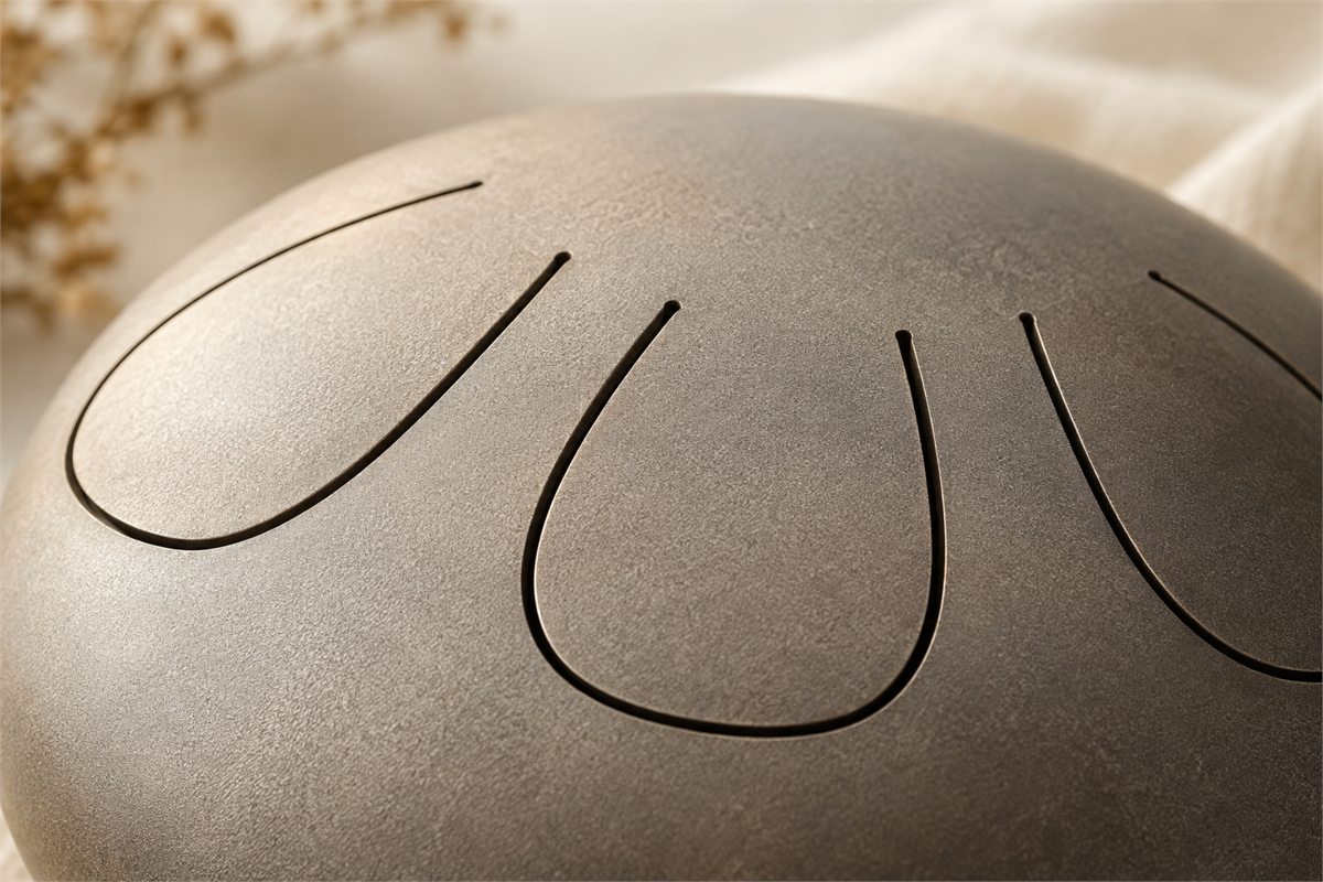 Close detail of U-shaped tongue cuts in a matte steel drum.