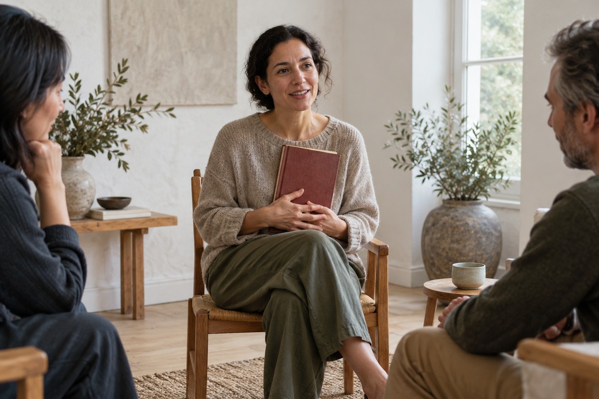 A contemporary storyteller holds a closed book before a small listening group.