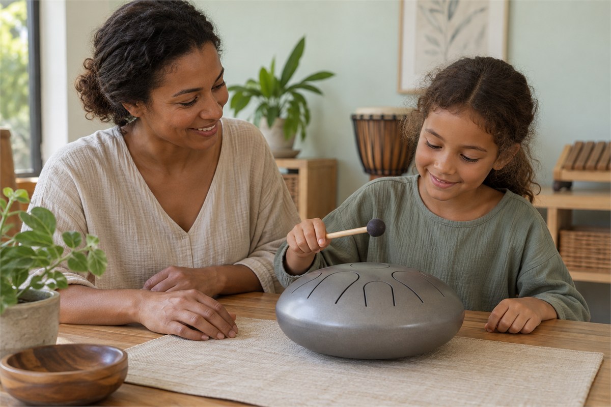 An adult supervises a child holding a soft mallet above a tongue drum.
