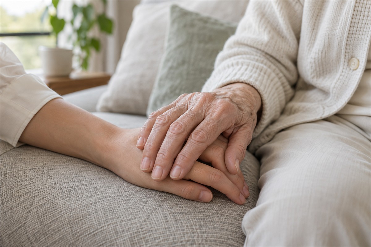 A younger adult gently holds an older adult’s hand on a linen-covered seat.