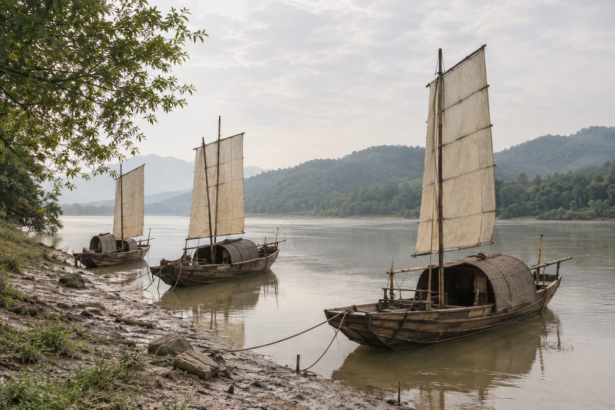 Simple wooden boats rest beside a broad mist-softened river.