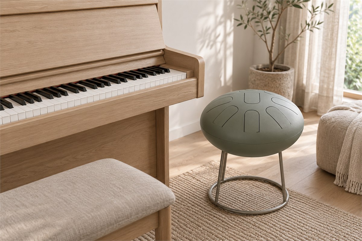 A gray steel tongue drum stands beside an upright piano in a daylight room.