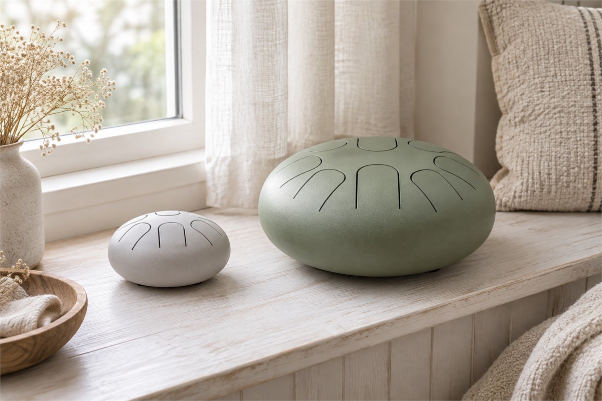 Small and large steel tongue drums placed beside each other on a window bench.